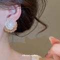 Layered Gold Tone Flower Stud Earrings with Pearl Centers view 3