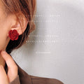 Wine Red Soft Velvet Flocked Rose Flower Stud Earrings view 2