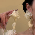 Ivory Fabric Flower Crystal Tassel Earrings With Gold-Tone Settings view 2