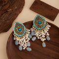 Blue Oval Medallion Pearl Look Fringe Stud Earrings view 3
