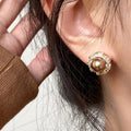 Brown Pearl Crystal Halo Round Stud Earrings Fashion Earrings view 2