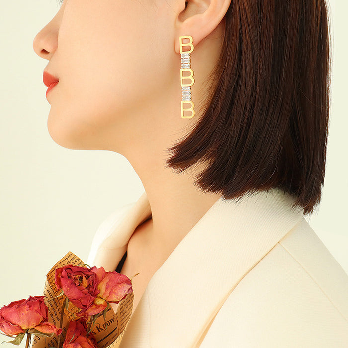 Vertical Triple B Letter Zircon Drop Earrings Gold Steel