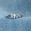Cross And Clear Stone Open Double-Rail Ring In Silver Tone view 2