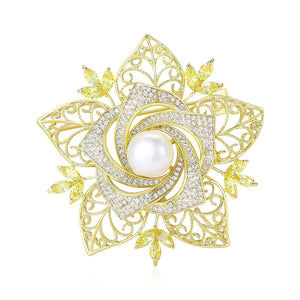 Gold Tone Filigree Flower Brooch with White Pearl Center