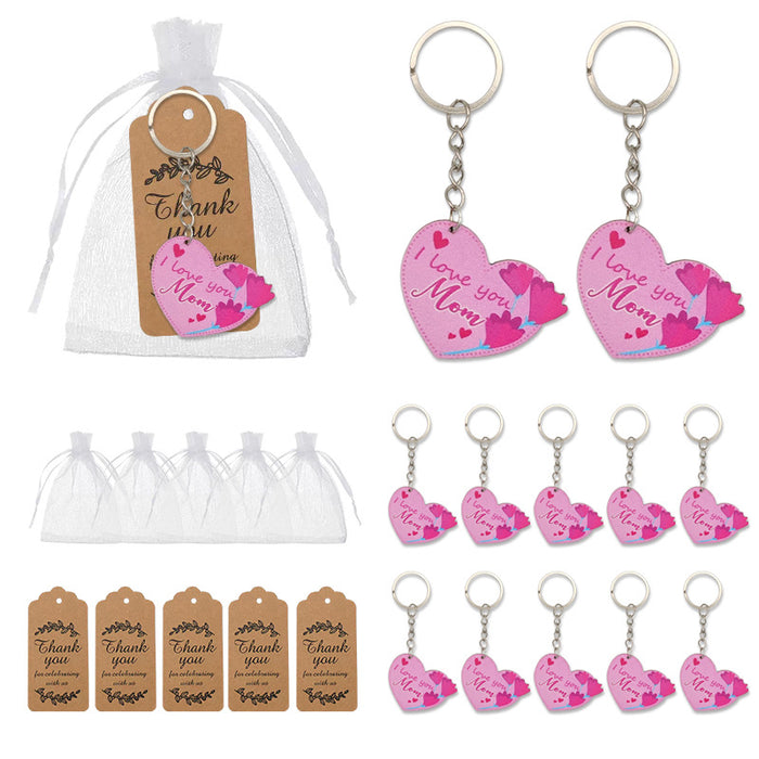 Pink Heart I Love You Mom Keychain, Single Or Organza Bag And Thank You Tag Set