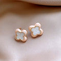 Pink and White Enamel Flower Stud Earrings in Gold Tone view 6