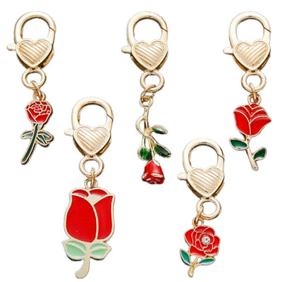 Front product photo of red rose and heart lobster clasp charm showing the pictured design arrangement