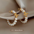 Gold Tone Beaded Pearl Hoop Earrings with Floral Accent view 4