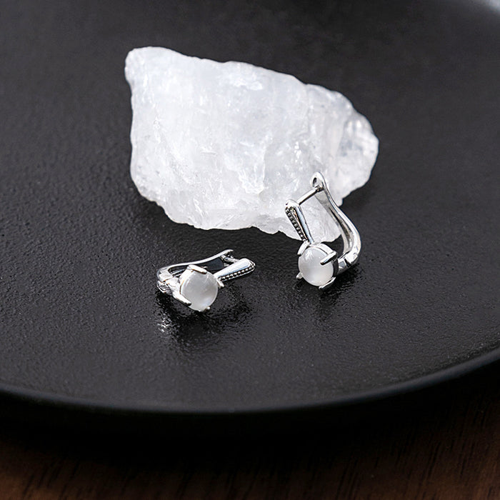 Silver Leverback Huggie Earrings White Round Cabochon