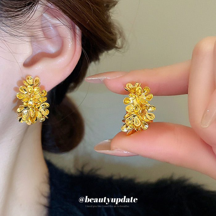 Gold Tone Layered Floral Cluster Statement Stud Earrings