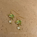 Gold Bamboo Leaf Drop Earrings Green Enamel Flower Charm view 3