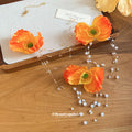 Orange Fabric Poppy Flower Pearl Tassel Earrings Necklace view 4