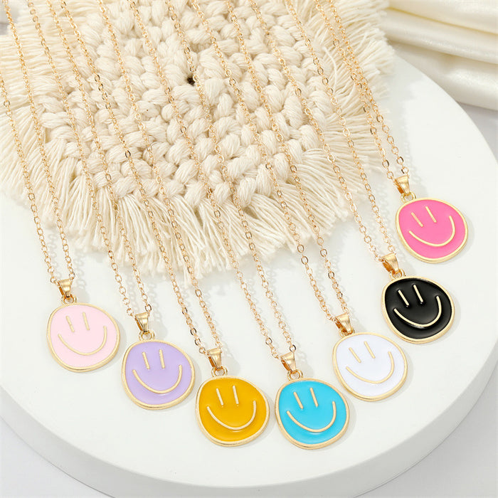 Gold Tone Colorful Enamel Oval Smiley Face Pendant Necklaces