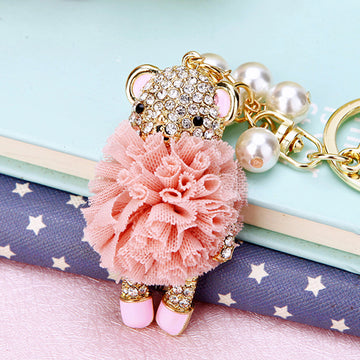 Fabric Flower Bear Keychains in Pink and Blue with Pom Pom Options