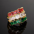 Gold-Tone Three-Row Red Clear Green Square Stone Ring Sizes 6-10 view 3