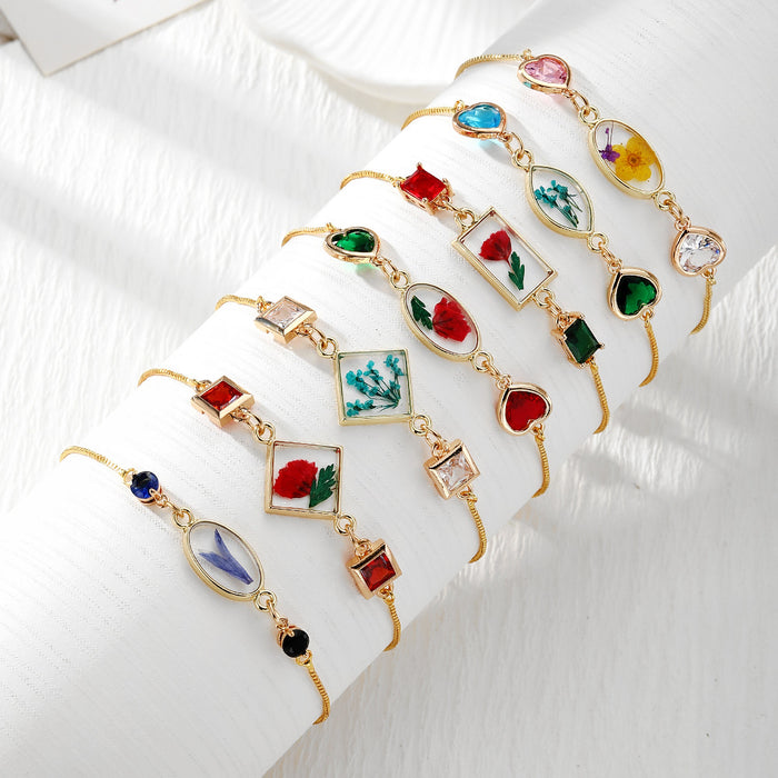 Gold Tone Pressed Flower Crystal Heart Slider Bracelets in Nine Designs