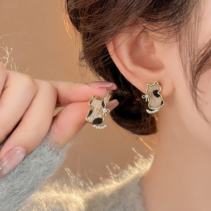 Brown Cat And Crystal Bow Gold Tone Drop Stud Earrings
