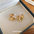 Gold Tone Leaf Stud Earrings with Pearl Accents Jewelry Design view 4