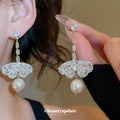 Champagne Crystal Butterfly and Faux Pearl Drop Stud Earrings view 1