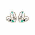 Gold Heart Frame Pearl Crystal Stud Earrings Green Accents view 5