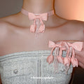 Fabric Bow Tulip Bead Tassel Choker Necklace and Earring Set view 4
