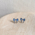 Silver Tone Blue Ribbon Bow Stud Earrings With Sculpted Loops view 1