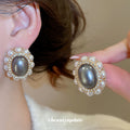 Purple Gray Oval Faux Pearl Cluster Stud Earrings With Decorative Metal Details view 2