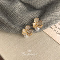 Gold Three Petal Crystal Flower Stud Earrings Pearl Base view 4