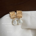 Gold Hammered Rectangle Baroque Pearl Drop Earrings Pair view 4