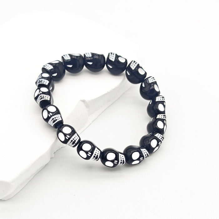 Black Plastic Skull Bead Elastic Stretch Prayer Bracelet
