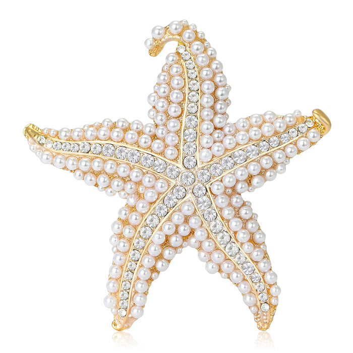 Large Pearl and Crystal Starfish Brooch in Three Colors