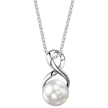 Silver Figure-Eight White Pearl Pendant Necklace Cable Chain