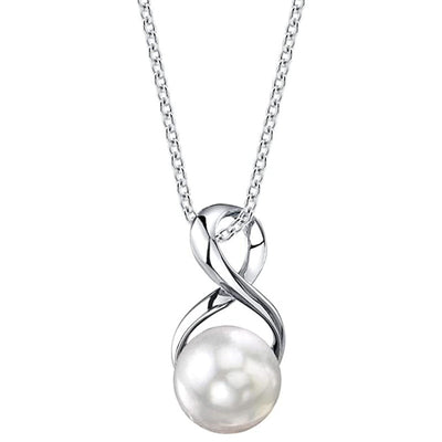 Silver figure-eight white pearl pendant on cable chain white background
