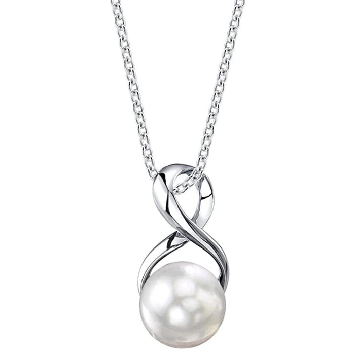 Silver Figure-Eight White Pearl Pendant Necklace Cable Chain