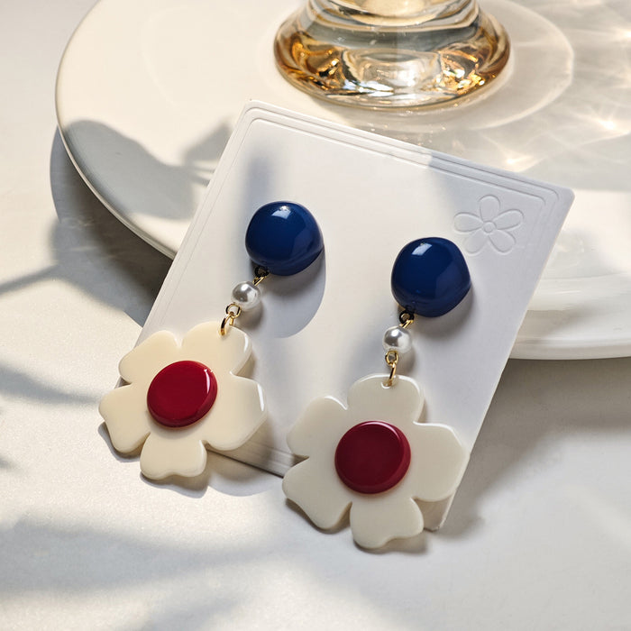 Navy Blue Cream Flower Pearl Drop Earrings Red Center