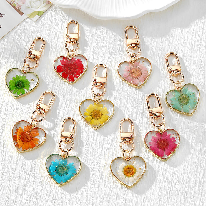 Gold Tone Pressed Flower Daisy Heart Snap-Hook Keychains in Ten Options