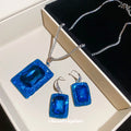 Blue Rectangle Crystal Pendant Necklace Matching Hook Earrings view 4