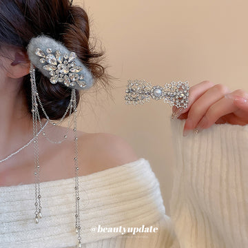 Star Bow Pearl Clip Flocked Crystal Chain Hair Clip