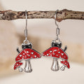 Silver Tone Red Enamel Mushroom Black Cat Drop Earrings view 2