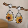 Antique Silver Tone Sunflower Art Teardrop Drop Earrings view 1