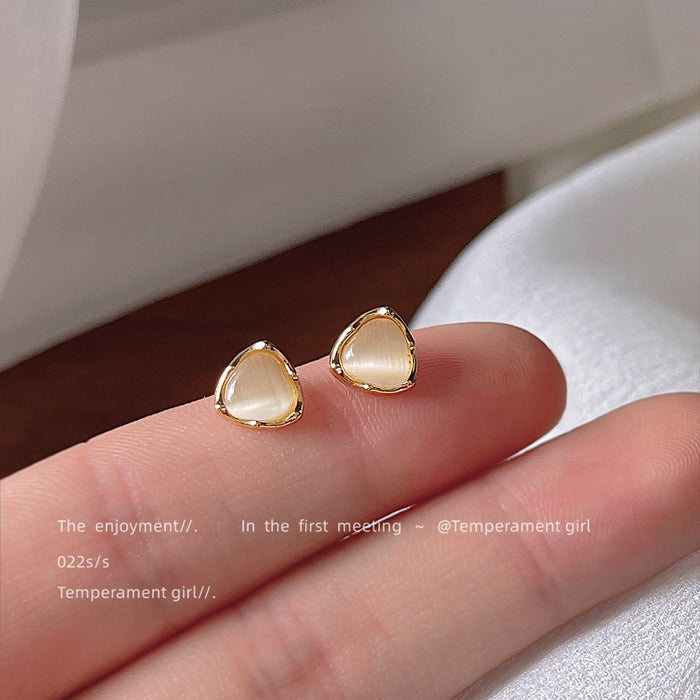 Gold Tone Cream Triangular Cat Eye Stone Stud Earrings For Women
