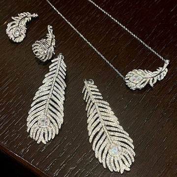 Silver Crystal Peacock Feather Pave Open Cocktail Ring