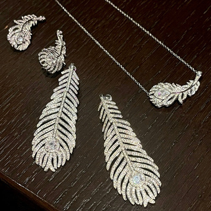 Silver Crystal Peacock Feather Pave Open Cocktail Ring