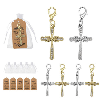 Gold and silver rhinestone infinity cross charms with bags and tags