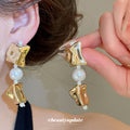 Gold Irregular Metal Bead White Pearl Necklace Bracelet Earrings view 4