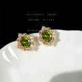 Gold Tone Dark Green Oval Stone Clear Halo Stud Earrings view 3