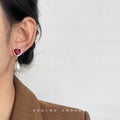Gold Red Heart Crystal Pearl Drop Earrings Pave Pair view 2
