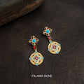 Gold Tone Aqua Red Cross Floral Medallion Drop Stud Earrings view 1