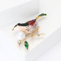 Enamel Bird on Pearl Branch Brooch in Green or Red Wings view 3