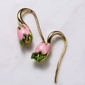 Gold Tone Pink Tulip Flower Hook Earrings with Enamel Detail view 3